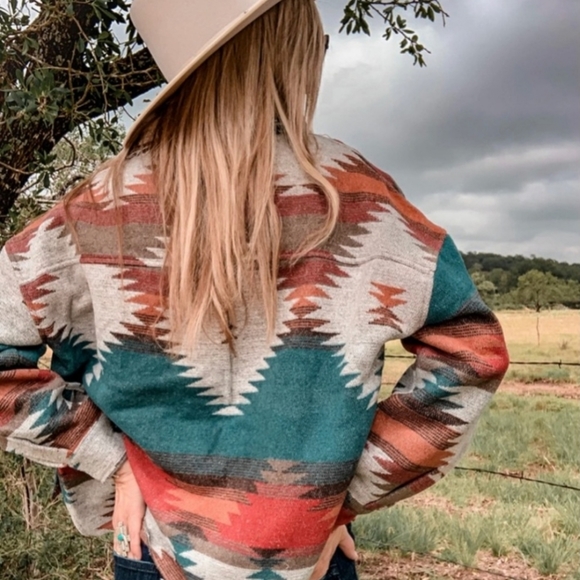 Sweaters - New Southwestern Distressed Jacket Coat Shacket Button Up Top Blue Red